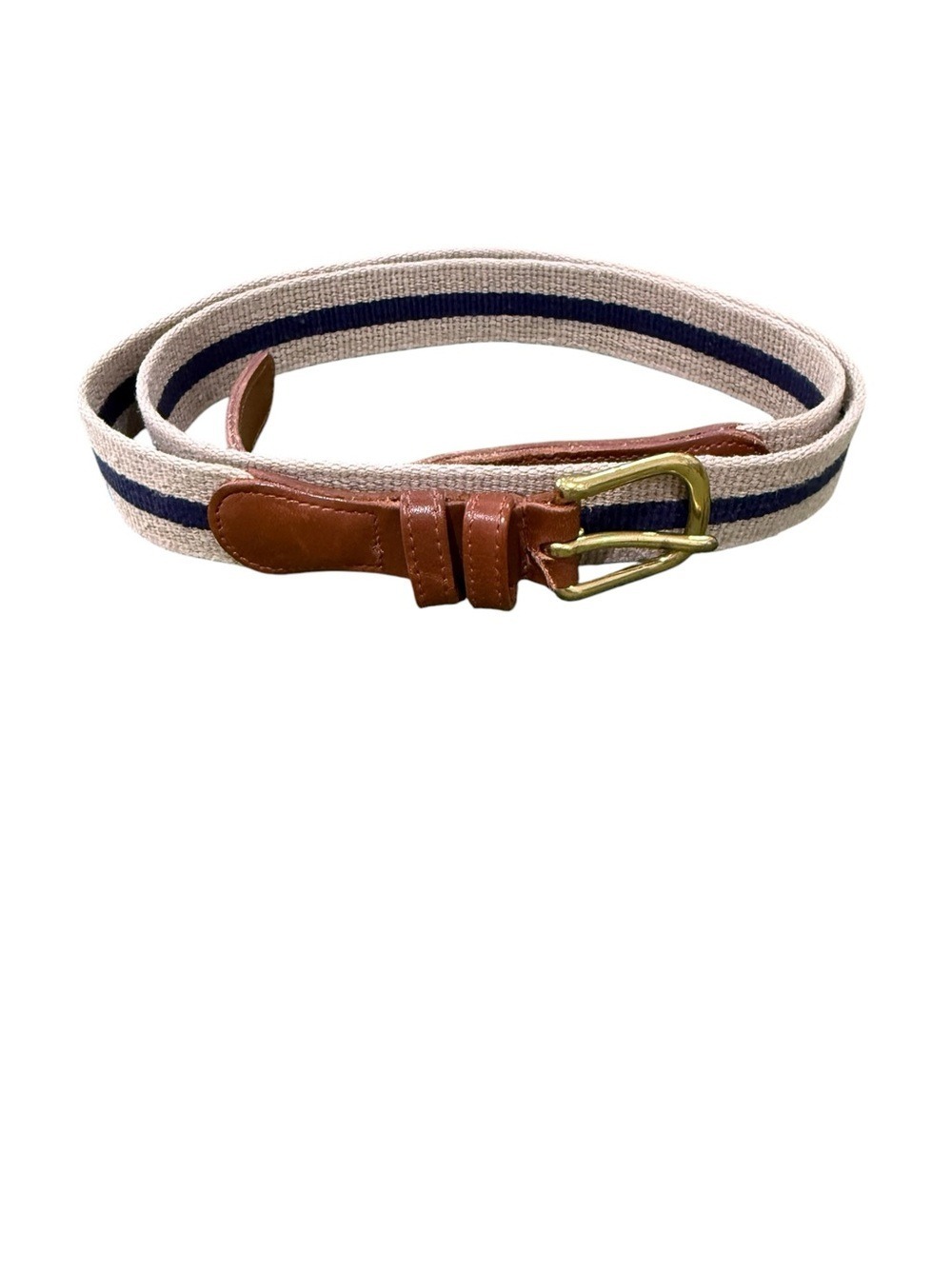 Coach Natural Canvas Belt with Navy Stripes and Brown Leather 40”
